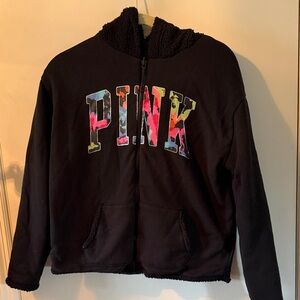 PINK Victoria's Secret Black Zip-Up Hoodie with Multicolor Logo
